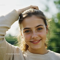 Bright Portrait of Smiling Woman with Blue Eyes and Natural Beauty