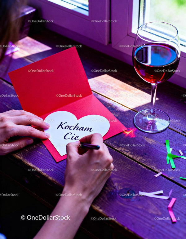 Writing a heartfelt Valentine card with red wine nearby
