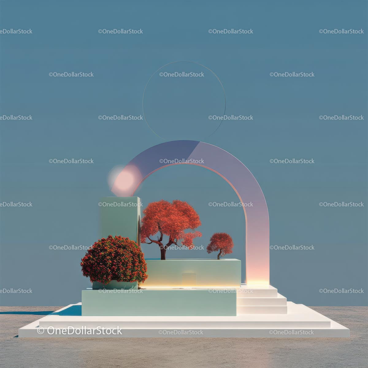 Futuristic Abstract Landscape with Vibrant Red Trees