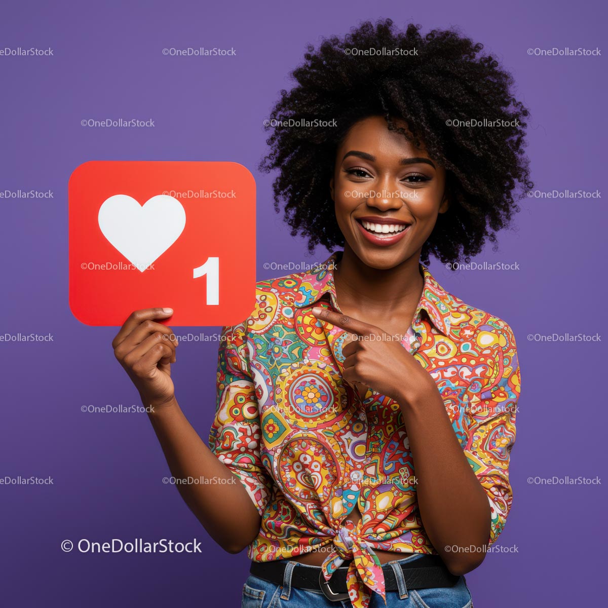 Joyful Woman Holding Social Media Like Icon on Purple Background
