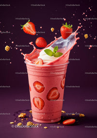 Fresh strawberry smoothie with cream splash and granola