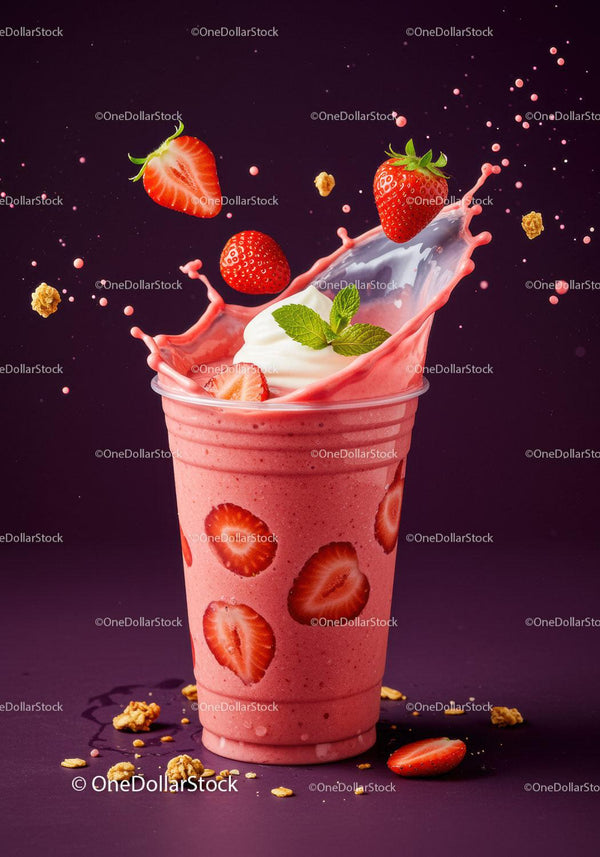 Fresh strawberry smoothie with cream splash and granola