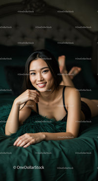 Smiling young woman relaxing on bed with green bedding