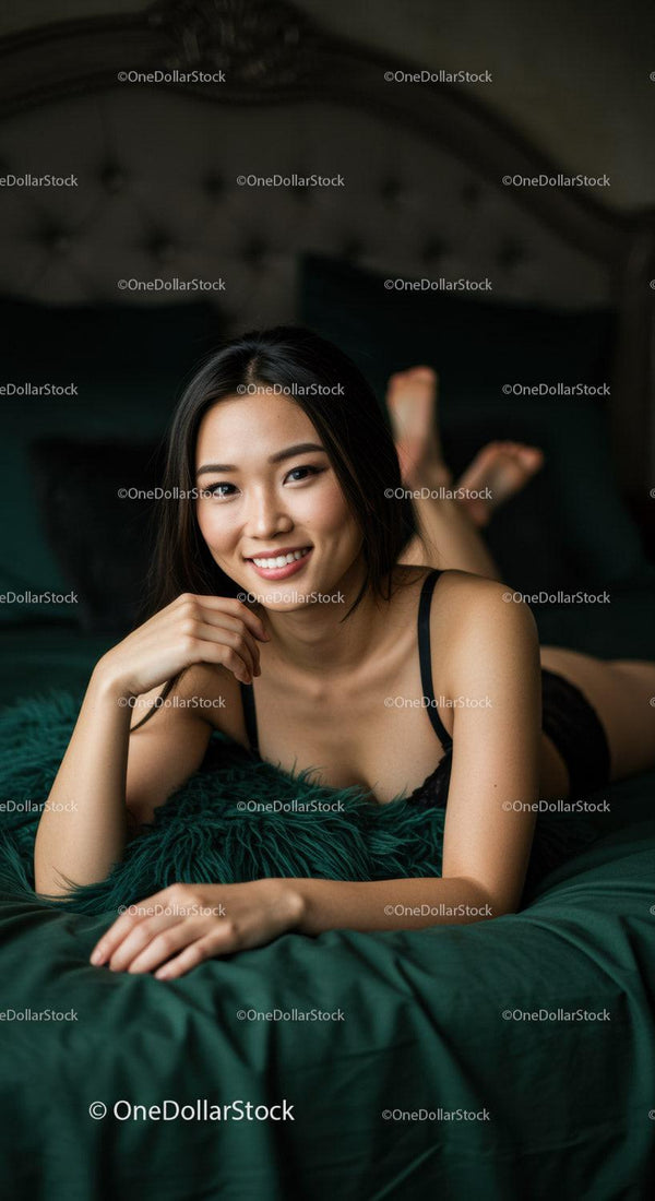 Smiling young woman relaxing on bed with green bedding
