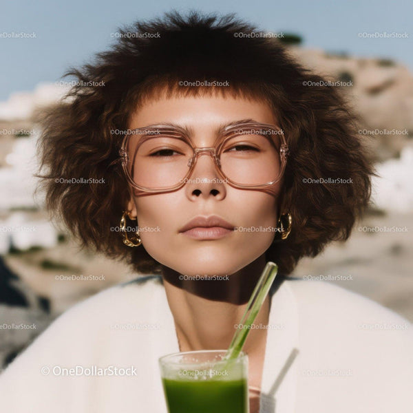 Stylish Woman with Curly Hair and Green Juice Outdoors