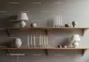 Minimalist wooden shelves with candles and ceramic decor