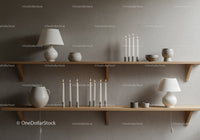 Minimalist wooden shelves with candles and ceramic decor
