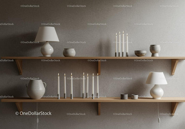 Minimalist wooden shelves with candles and ceramic decor