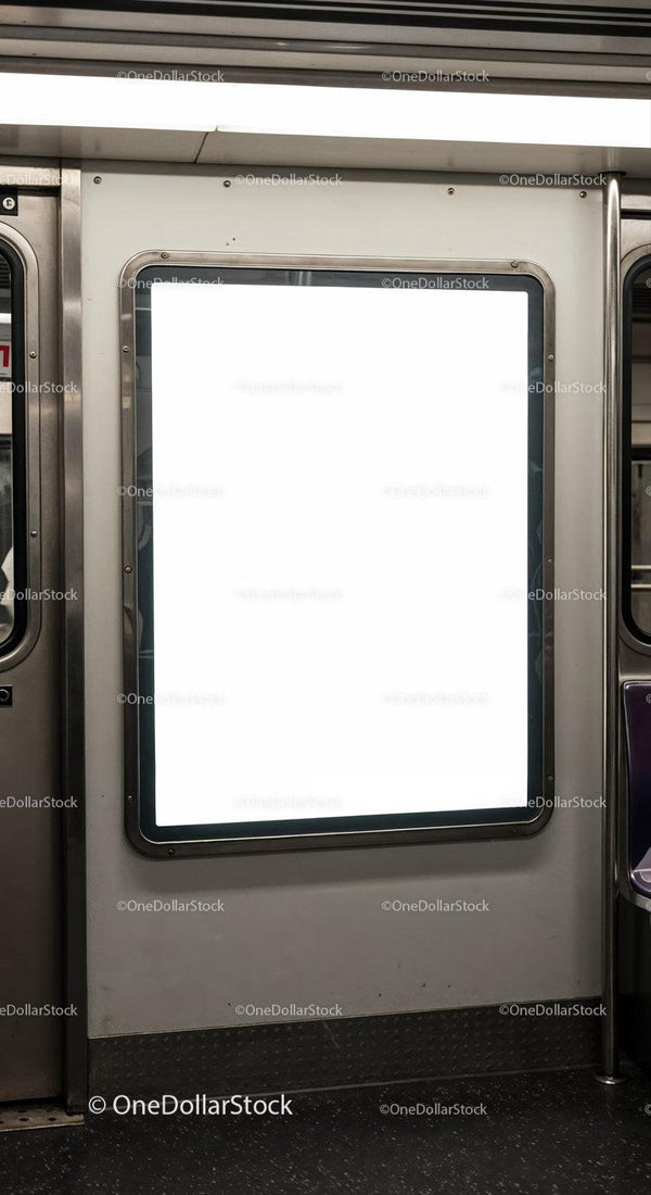 Blank illuminated advertising panel inside subway car JPG Mockup Image
