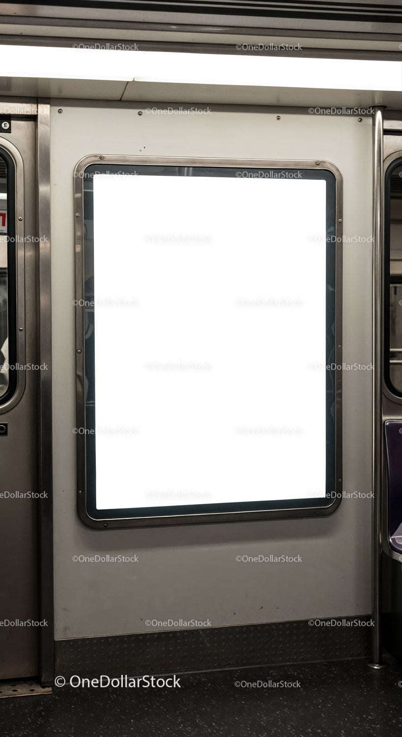 Blank illuminated advertising panel inside subway car