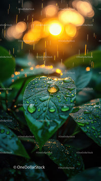 Close-up of Water Droplets on Green Leaves with Raindrops During Sunset