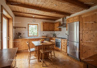 Rustic Wooden Kitchen with Modern Appliances and Cozy Atmosphere