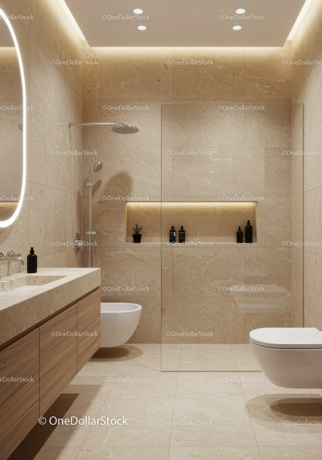 Modern Beige Marble Bathroom with Shower and Wall-Mounted Toilet