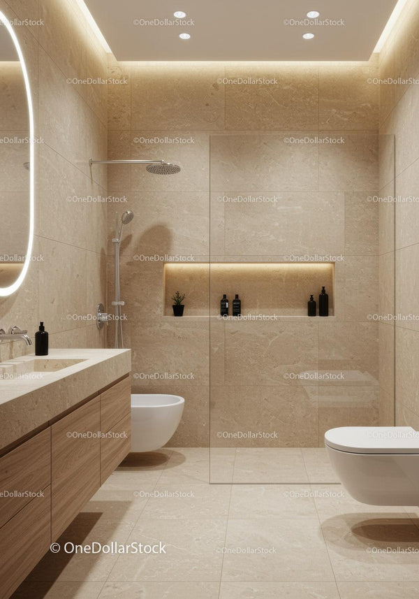 Modern Beige Marble Bathroom with Shower and Wall-Mounted Toilet