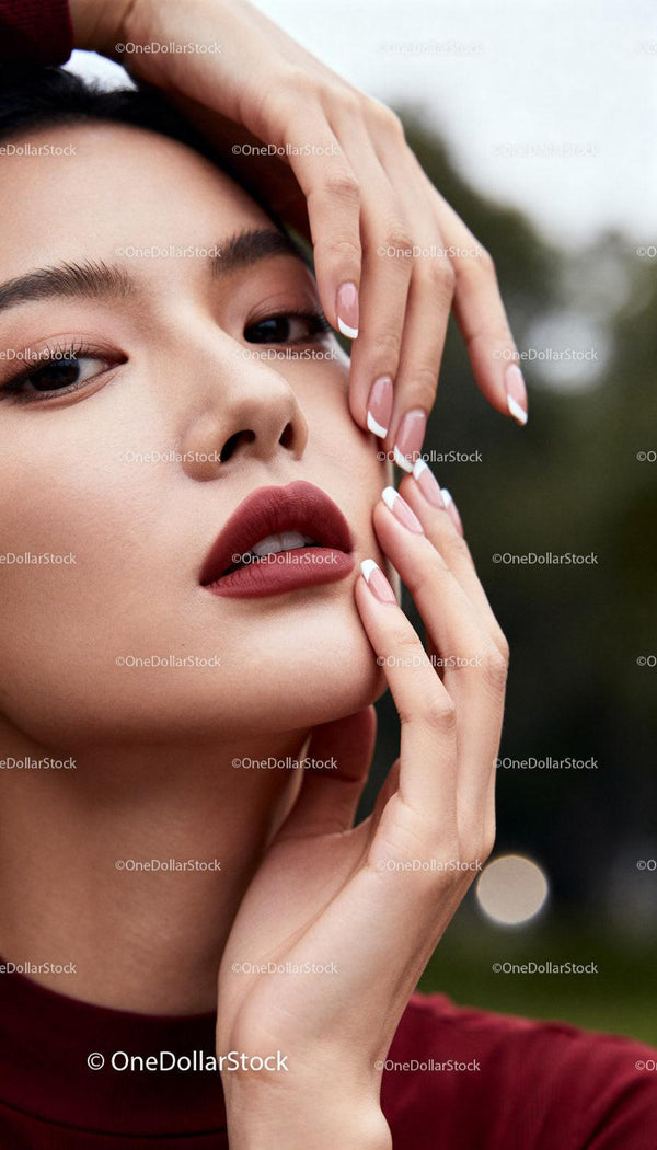 Elegant close-up of woman with classic French manicure