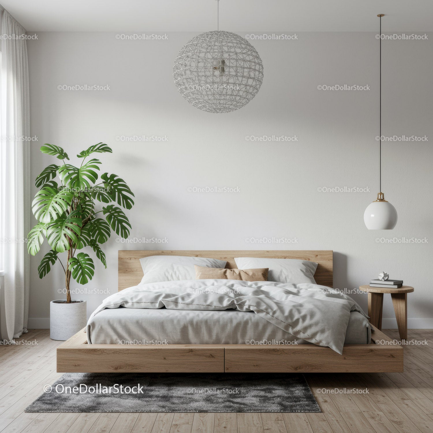 Nowoczesna minimalistyczna sypialnia z Monsterą i drewnianą ramą łóżka