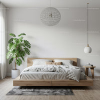 Modern Minimalist Bedroom with Monstera and Wooden Bed Frame