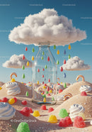 Glass bottle catching colorful candy raindrops under clouds