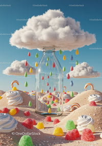 Glass bottle catching colorful candy raindrops under clouds