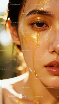 Closeup of woman’s face with golden liquid on skin