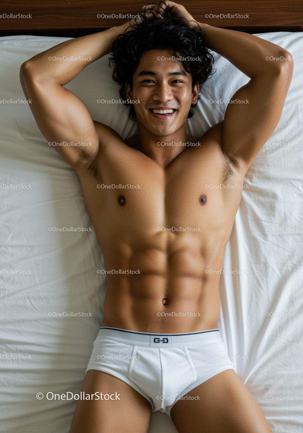 Smiling fit young man relaxing on bed in white briefs