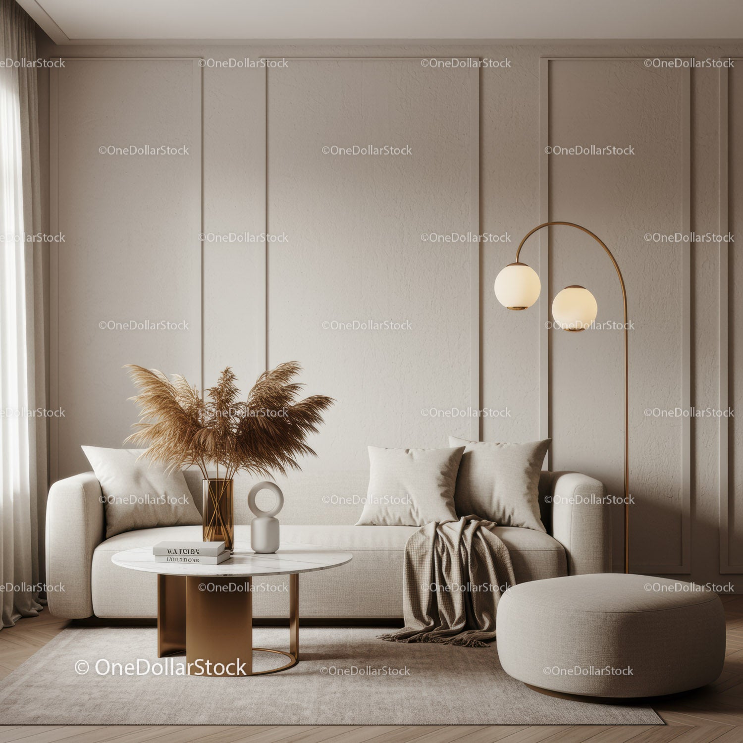 Minimalist living room with beige sofa and gold accents