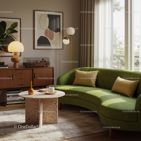 Cozy living room with green curved sofa and natural light