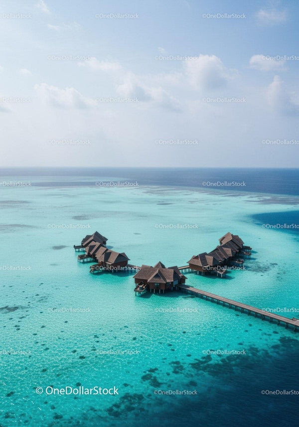 Overwater Bungalows in Turquoise Ocean Under Blue Sky with Clouds