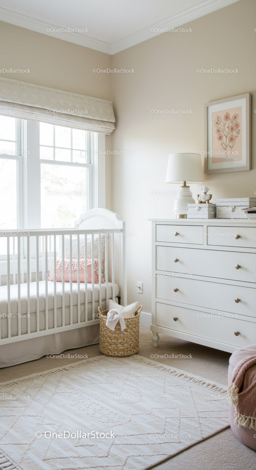 Cozy Nursery with White Dresser and Baby Crib in Bright Room