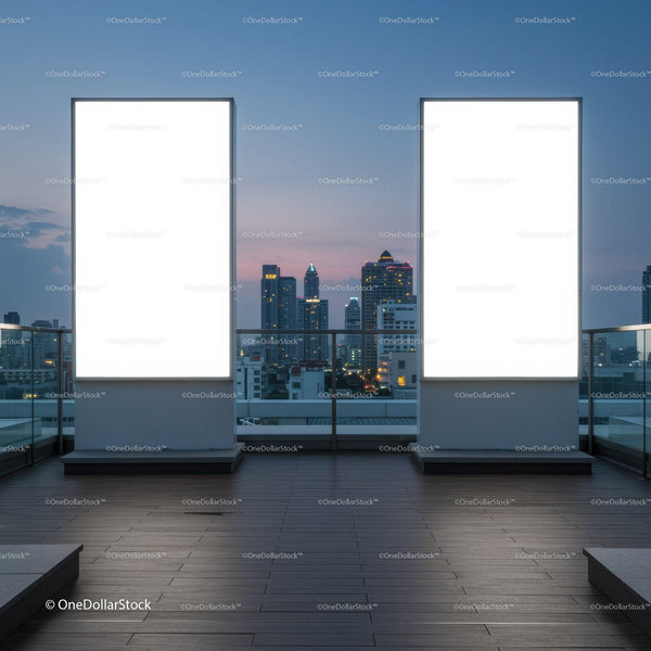 Empty illuminated billboards on city rooftop at dusk JPG Mockup Image