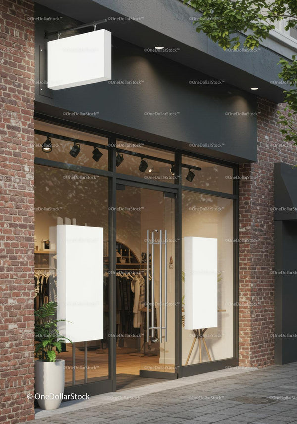 Modern Boutique Storefront with Minimalist Signage JPG Mockup Image