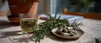 Herbal Tea with Fresh Herbs and Medicinal Supplements on Natural Table