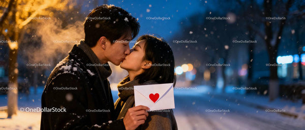 Romantic winter kiss with love letter in snowy night