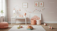 Soft Pastel Nursery Room Decor with Wall Art and Toys