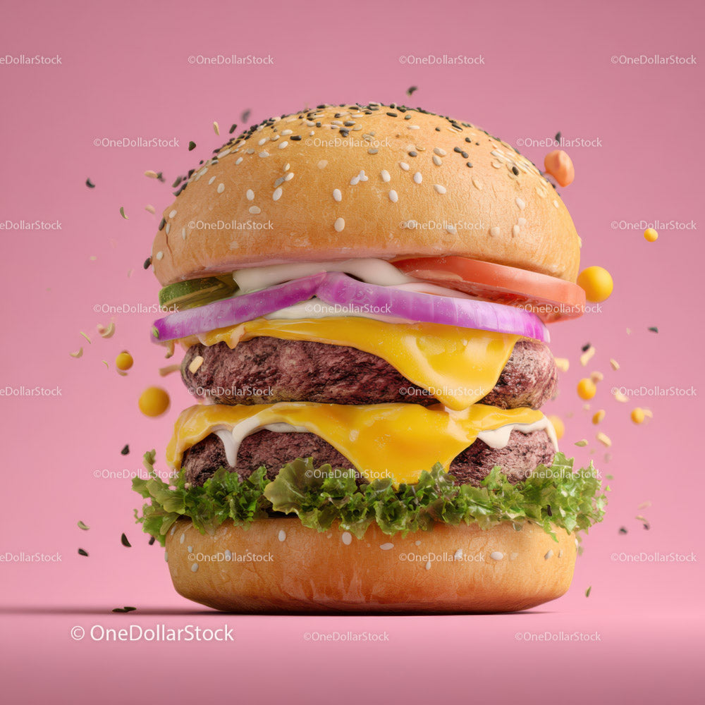 Colorful Stacked Burger with Double Patties and Fresh Vegetables