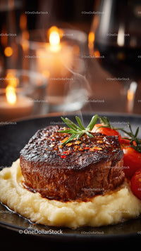 Gourmet Braised Beef Steak with Mashed Potatoes and Cherry Tomatoes