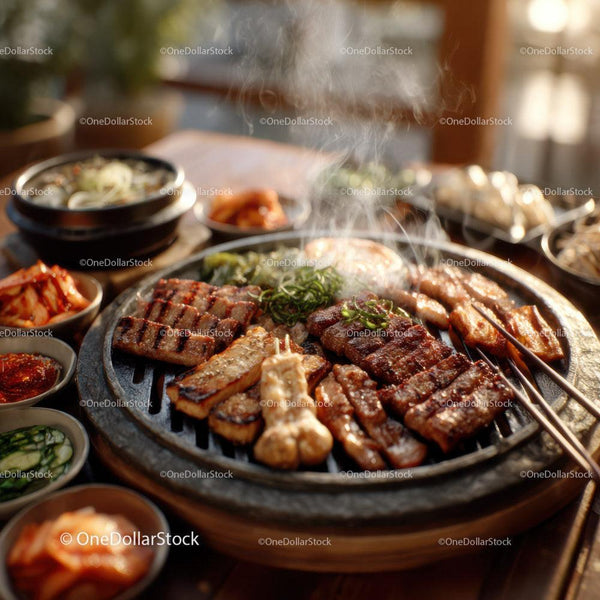 Delicious Korean Barbecue Platter with Grilled Meats and Sides