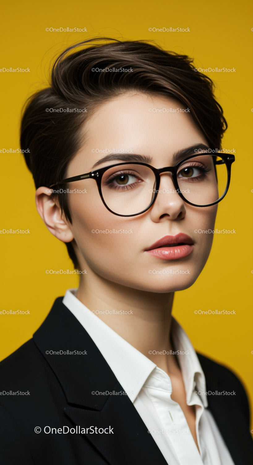 Elegant Woman with Short Hairstyle and Glasses Portrait
