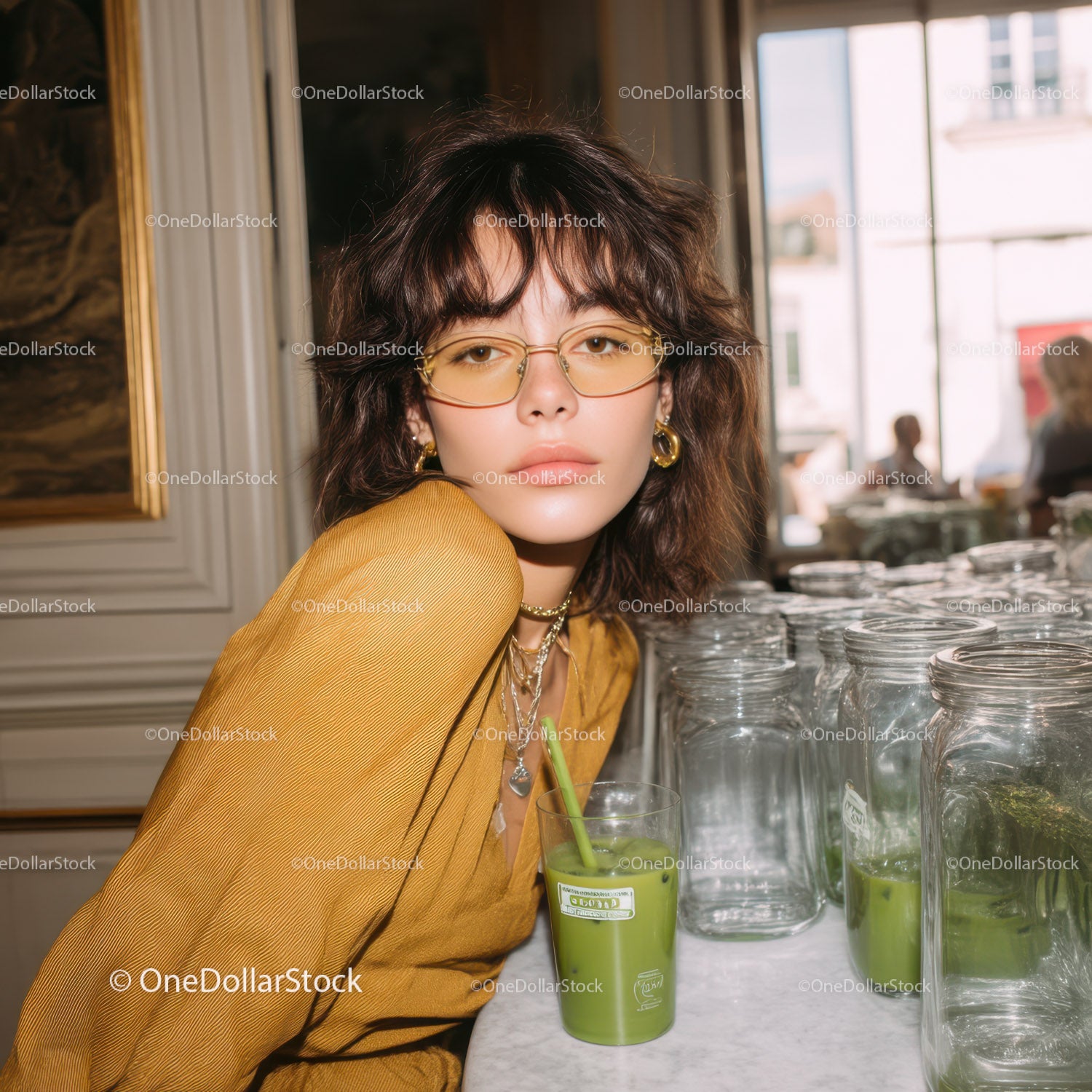 Fashionable Woman with Yellow Shirt and Glasses in Stylish Cafe Scene