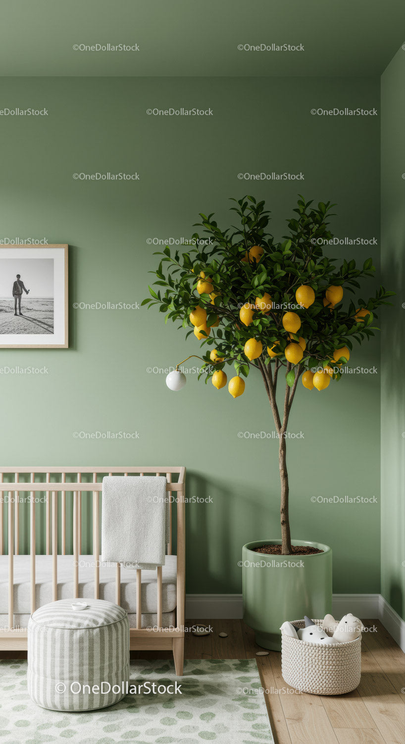 Indoor Lemon Tree in Green Pot in Modern Nursery with Wooden Crib