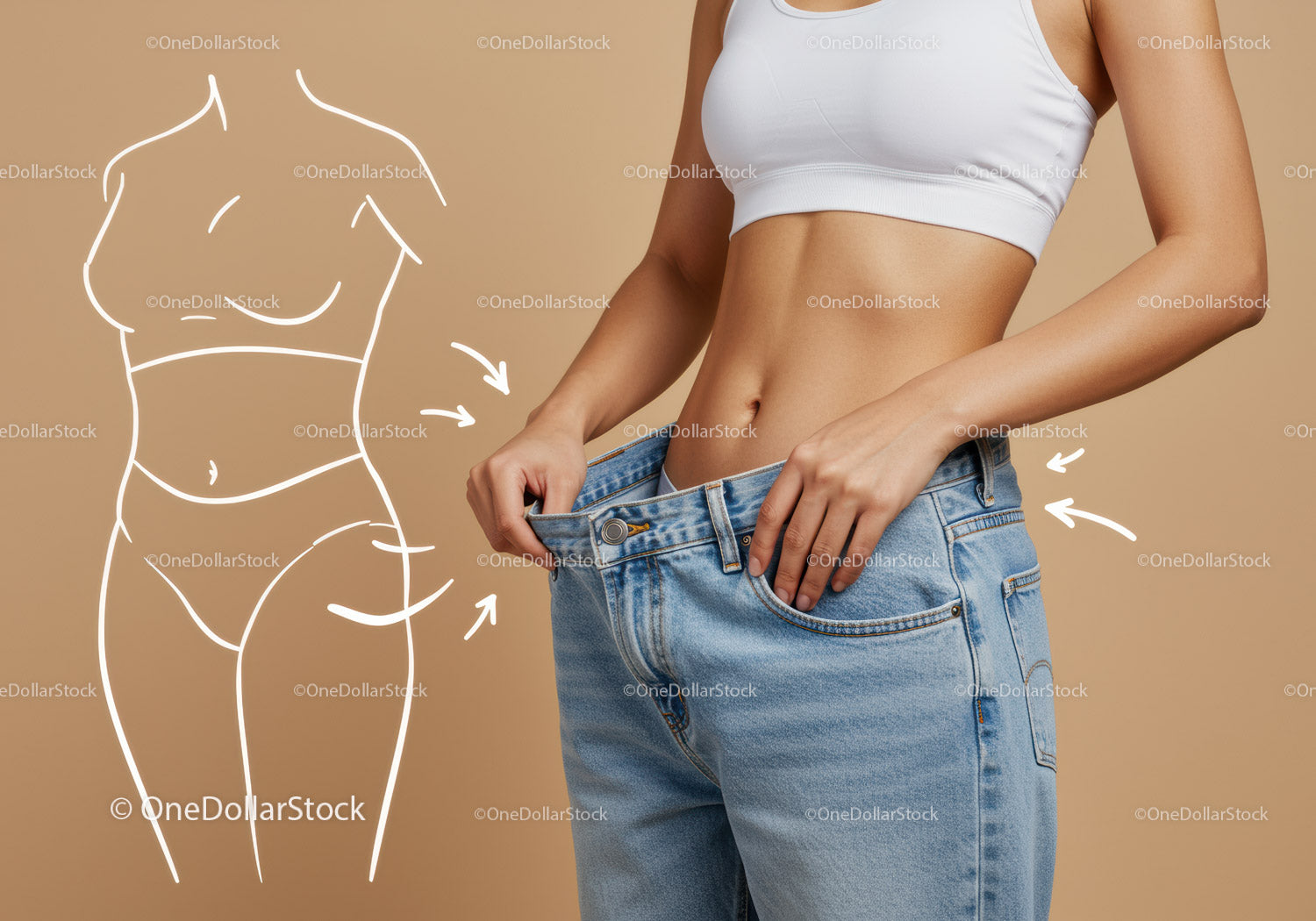 Slim Woman with Measuring Waist and Body Outline Illustration in Casual Outfit