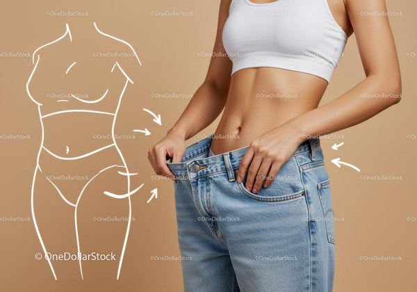 Slim Woman with Measuring Waist and Body Outline Illustration in Casual Outfit