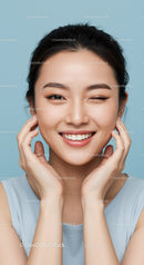 Happy Young Woman Smiling with Bright Expression Over Blue Background