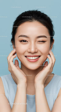 Happy Young Woman Smiling with Bright Expression Over Blue Background