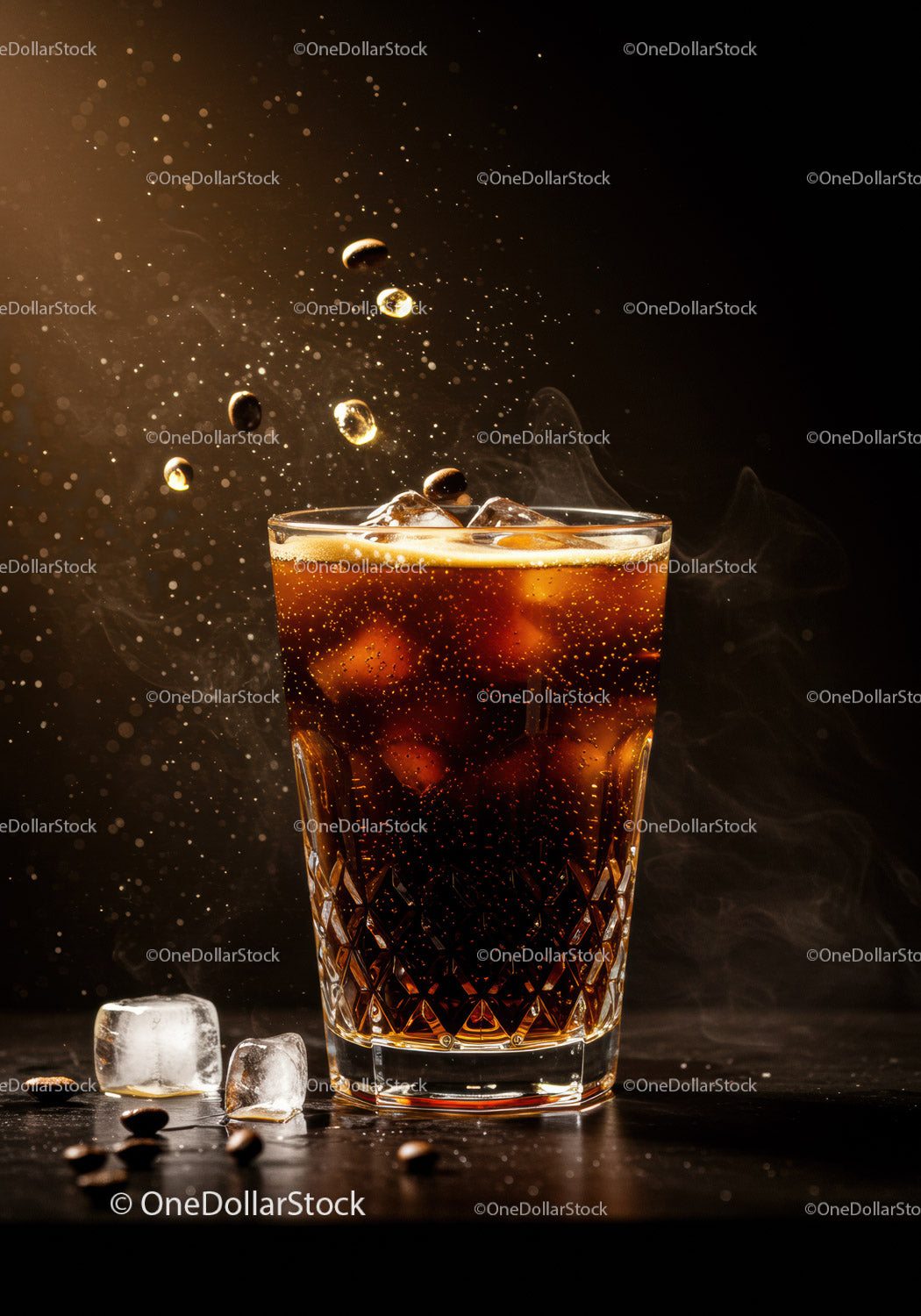Cold Brew Coffee z kostkami lodu i pływającymi ziarnami kawy