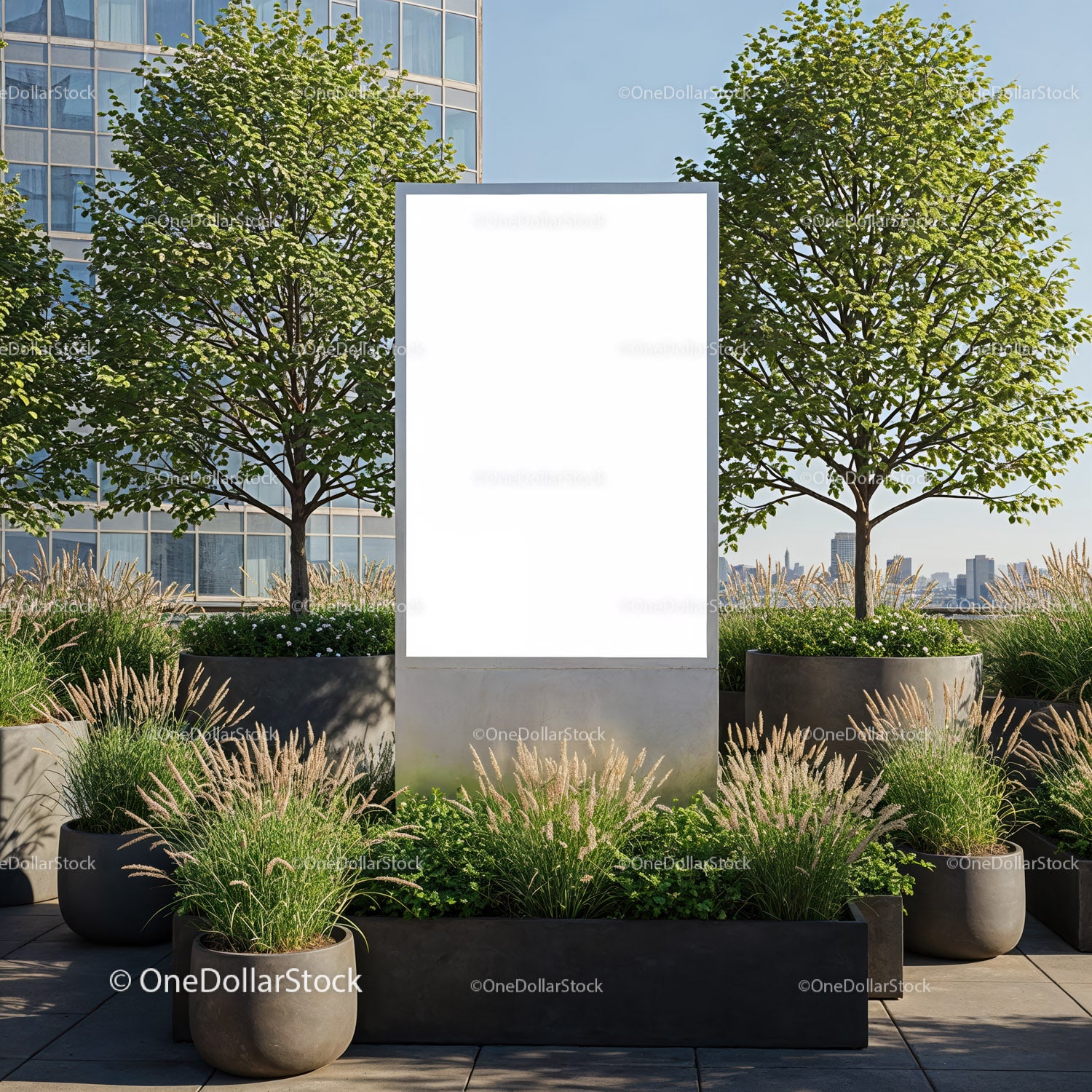 Urban outdoor billboard surrounded by lush greenery