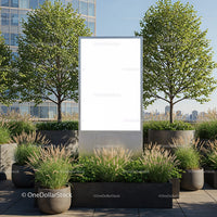 Urban outdoor billboard surrounded by lush greenery