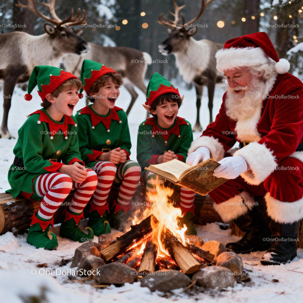 Santa Claus Reading to Excited Elves by Winter Campfire