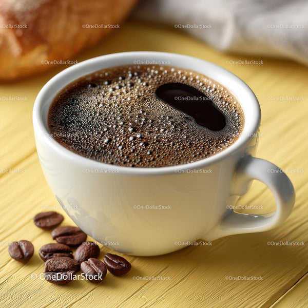 Delicious Coffee in a White Cup with Coffee Beans on Table