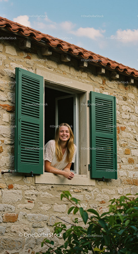 Smiling Woman by a Rustic Window with Green Shutters